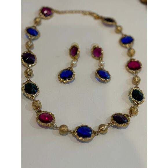 Vintage Two Sisters Large Bezel Set Necklace Earrings Set Rivoli Glass Stones - Picture 1 of 4